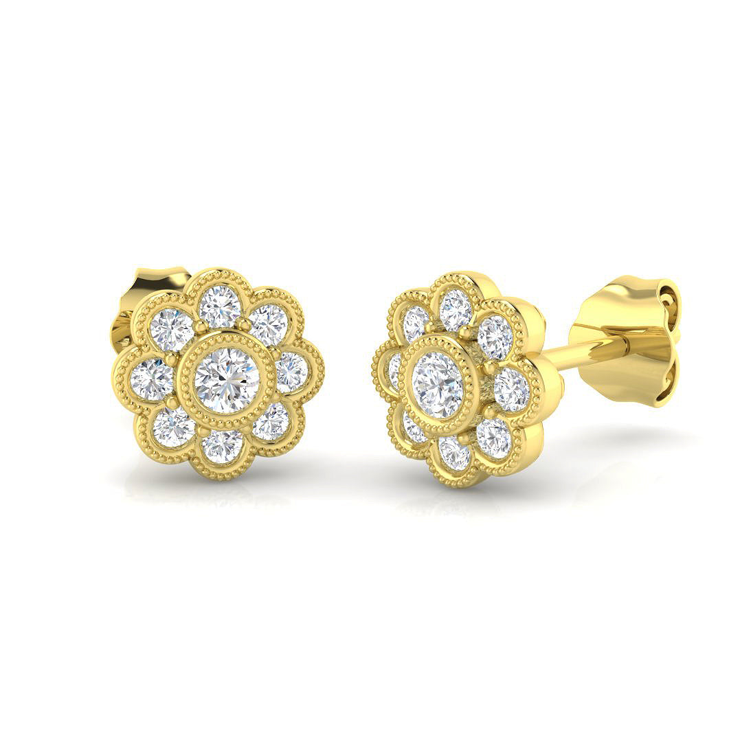 Vintage Diamond Flower Stud Earrings - 0.33ct Yellow Gold