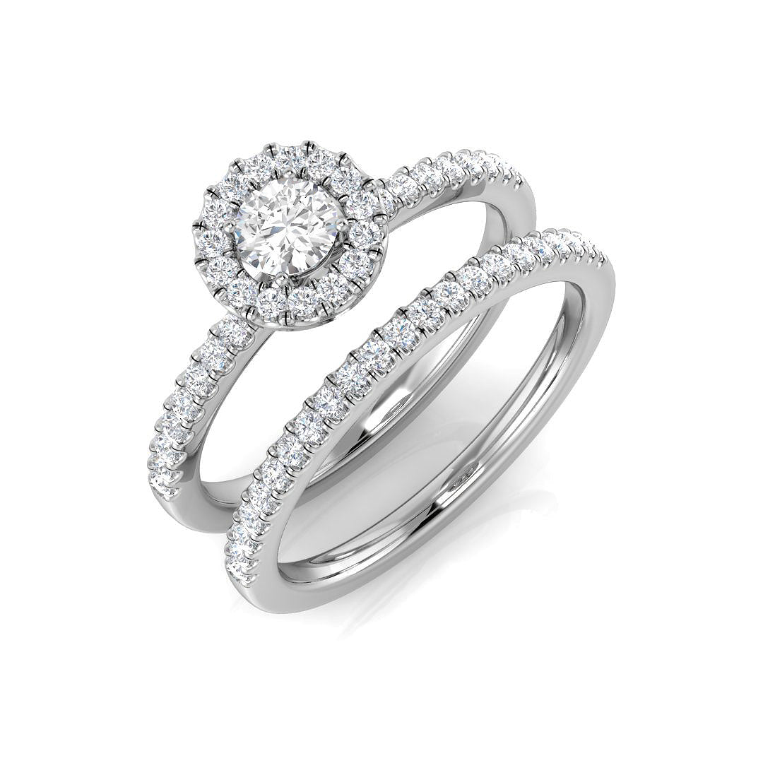 Lab-Grown Round Diamond Halo Bridal Set Ring | UK Hallmarked | Engagement + Wedding Band