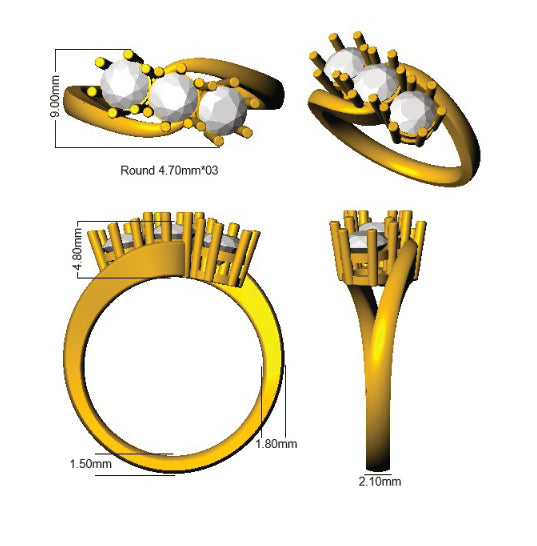 1.20Carat DE/VS Lab Grown Diamond 3 Stone Ring 9k Yellow Gold Ready To Ship
