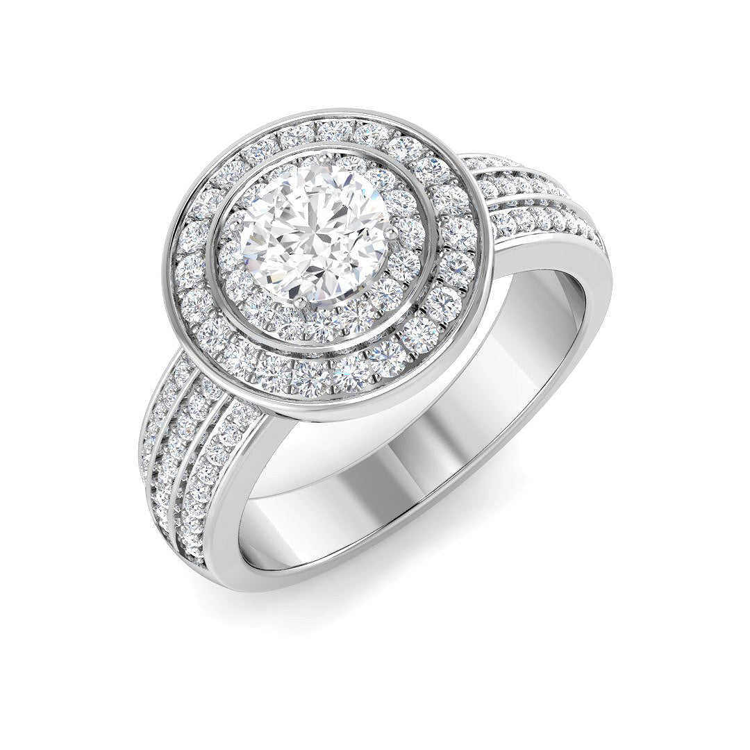 Verlobungsring mit natürlichem, rund geschliffenem Diamanten und Halo-Fassung