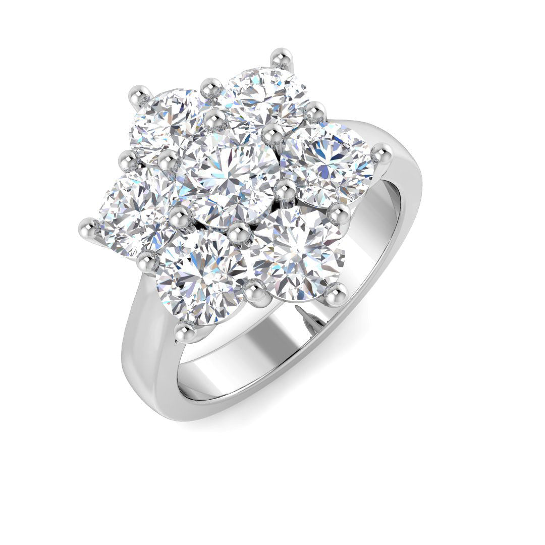 Diamond ring with multiple gemstones on a white background