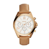 Fossil Modern Courier Damen-Chronograph – Weißes Zifferblatt, hellbraunes Lederarmband