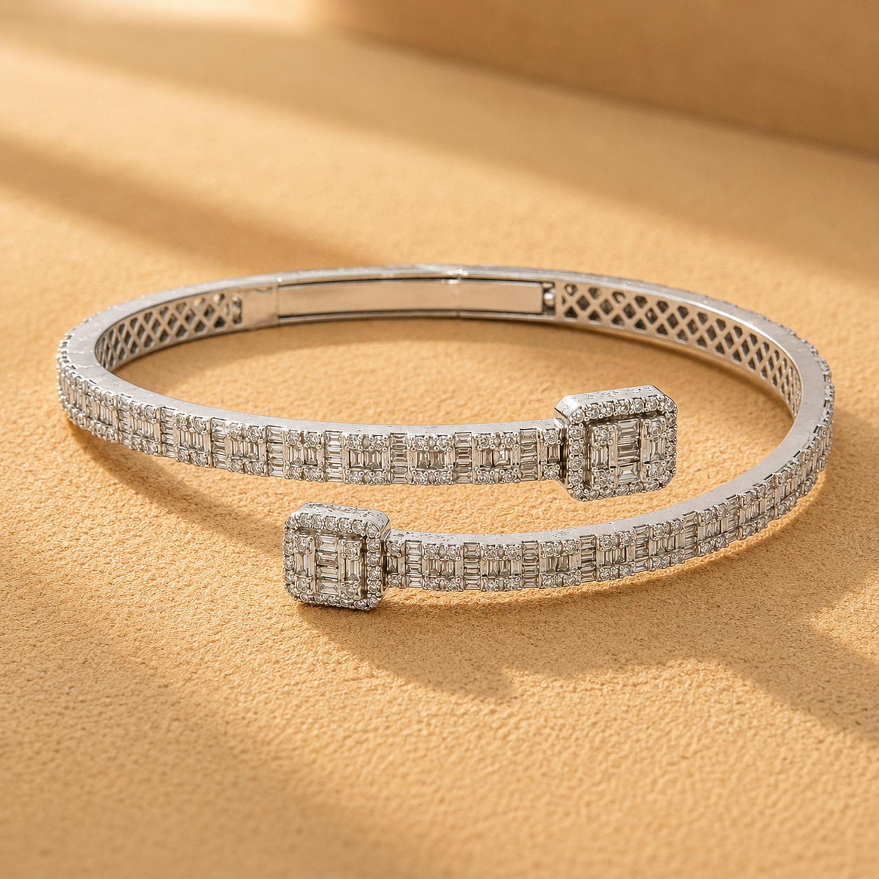 WGI 6.21Ct Natural Baguette & Round Diamond Designer Bangle 9k White Gold Ready To Ship