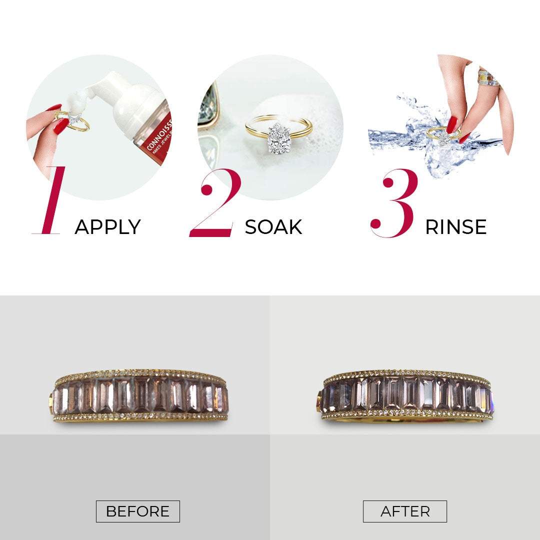 Before and after jewellery cleaned with foaming cleaner