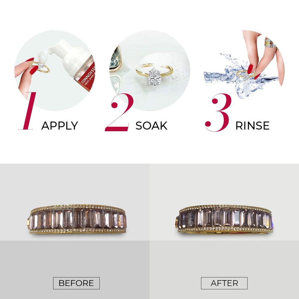 Before and after jewellery cleaned with foaming cleaner