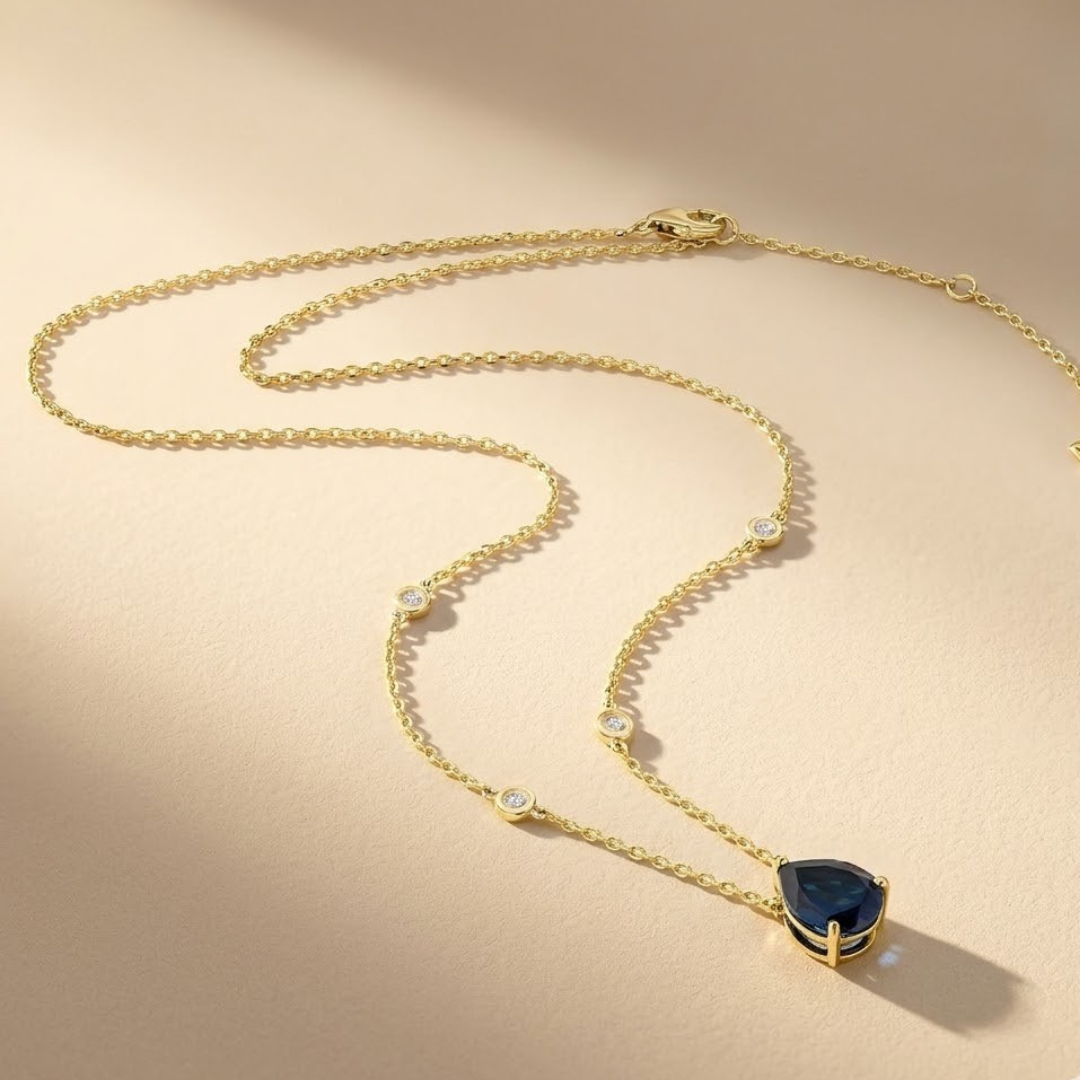 Astra 3.20ct Lab Grown Sapphire and Pear Cut Diamond Solitaire Necklace in 18K Gold Vermeil