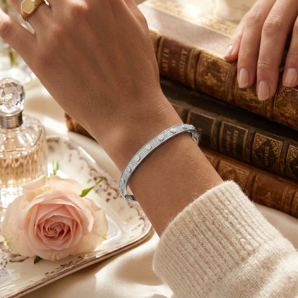 Bracelet de tennis de luxe en or et platine, serti de diamants ronds.