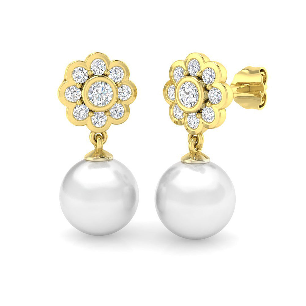 Round Bezel Set Diamond Pearl Drop Earrings