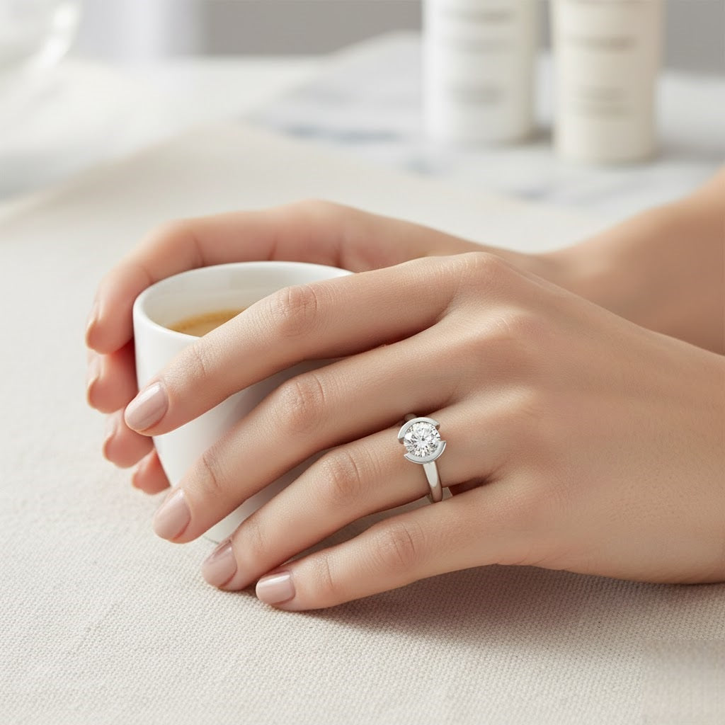 Modern bezel set round diamond ring in polished white gold