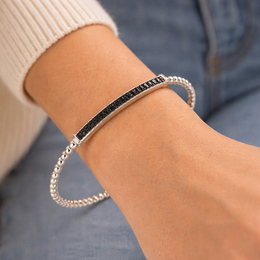18K White Gold Natural Round Cut Black Diamond Pave Set Beaded Fancy Bangle