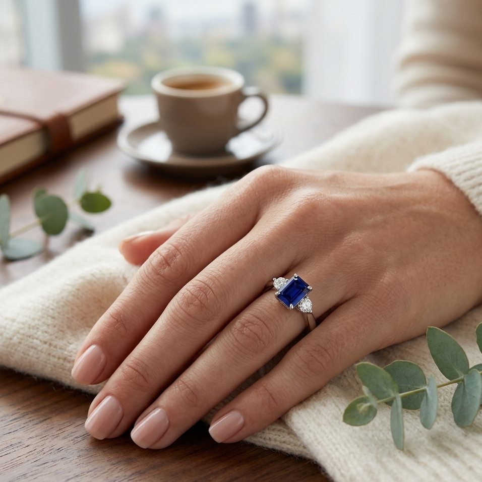 Blue Sapphire Ring, Emerald Cut Blue Sapphire Ring