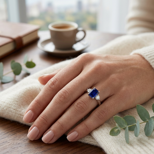 Blue Sapphire Ring, Emerald Cut Blue Sapphire Ring