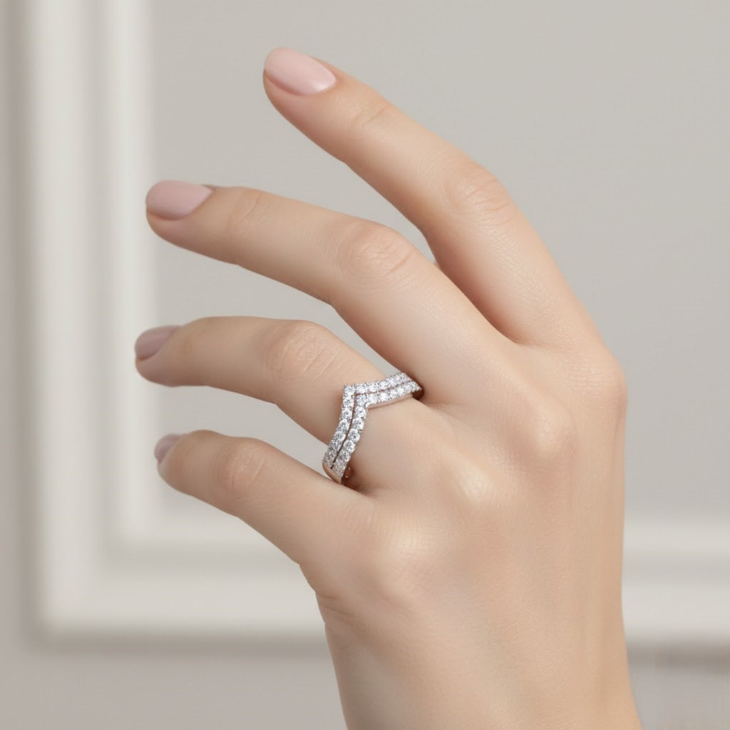 Double Row Diamond Wishbone Ring – Statement Chevron Bridal Band