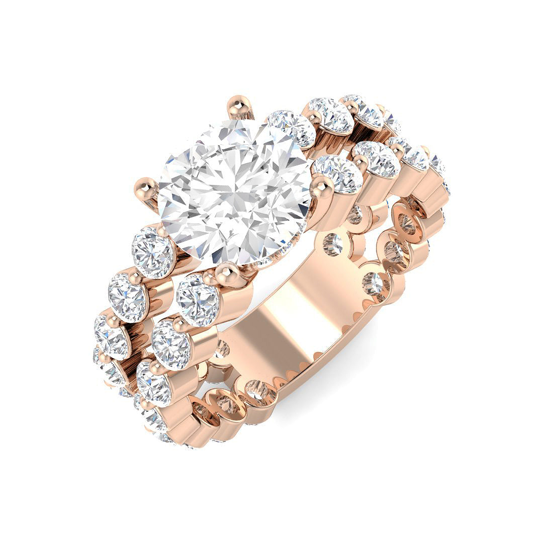Rose gold ring with a large central diamond and smaller diamonds on a white background