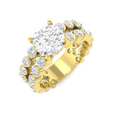 Gold ring with a large central diamond and smaller diamonds around on a white background