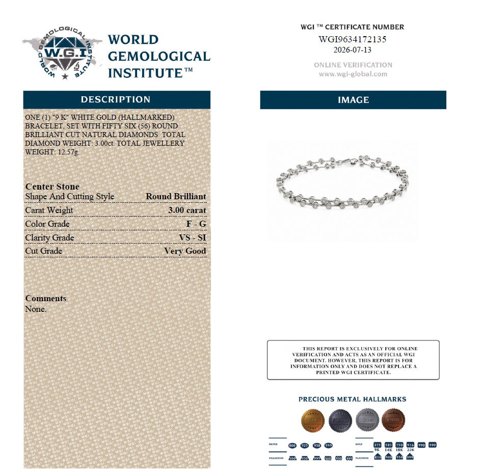 WGI 3.00ct Natural Diamond 2 Row Bezel Set Bracelet in 9K White Gold Ready To Ship