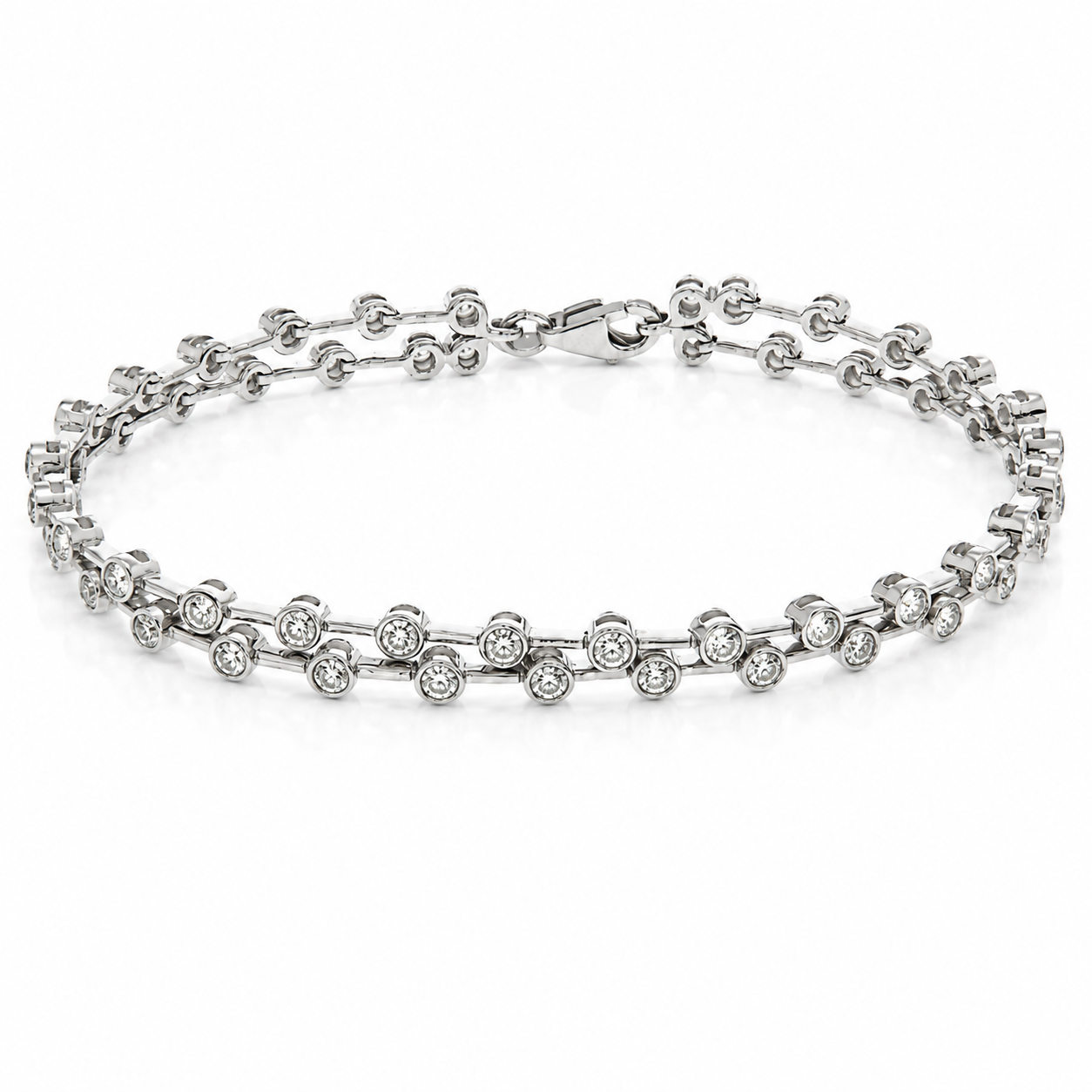 WGI 3.00ct Natural Diamond 2 Row Bezel Set Bracelet in 9K White Gold Ready To Ship
