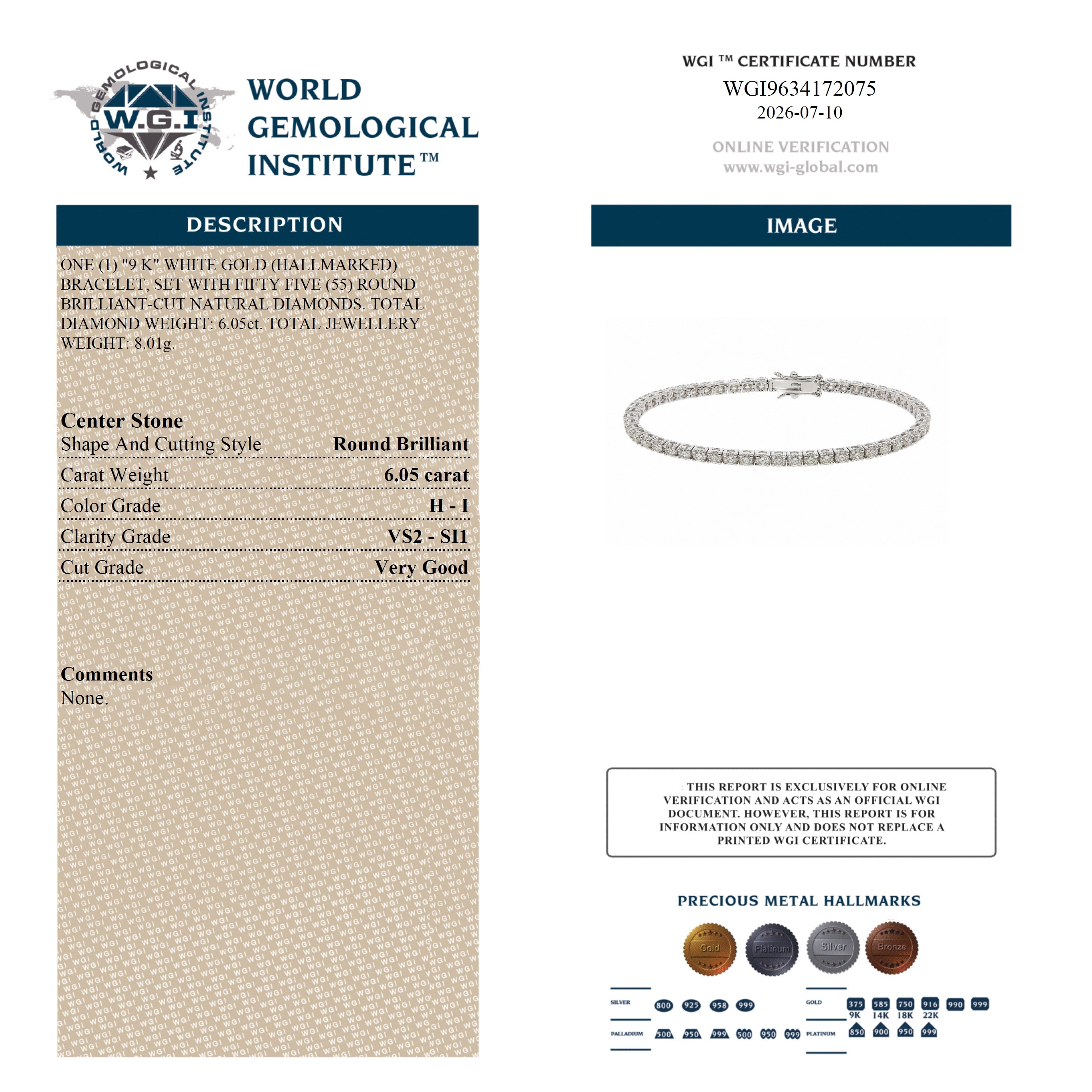 natural diamond bracelet wgi certificate