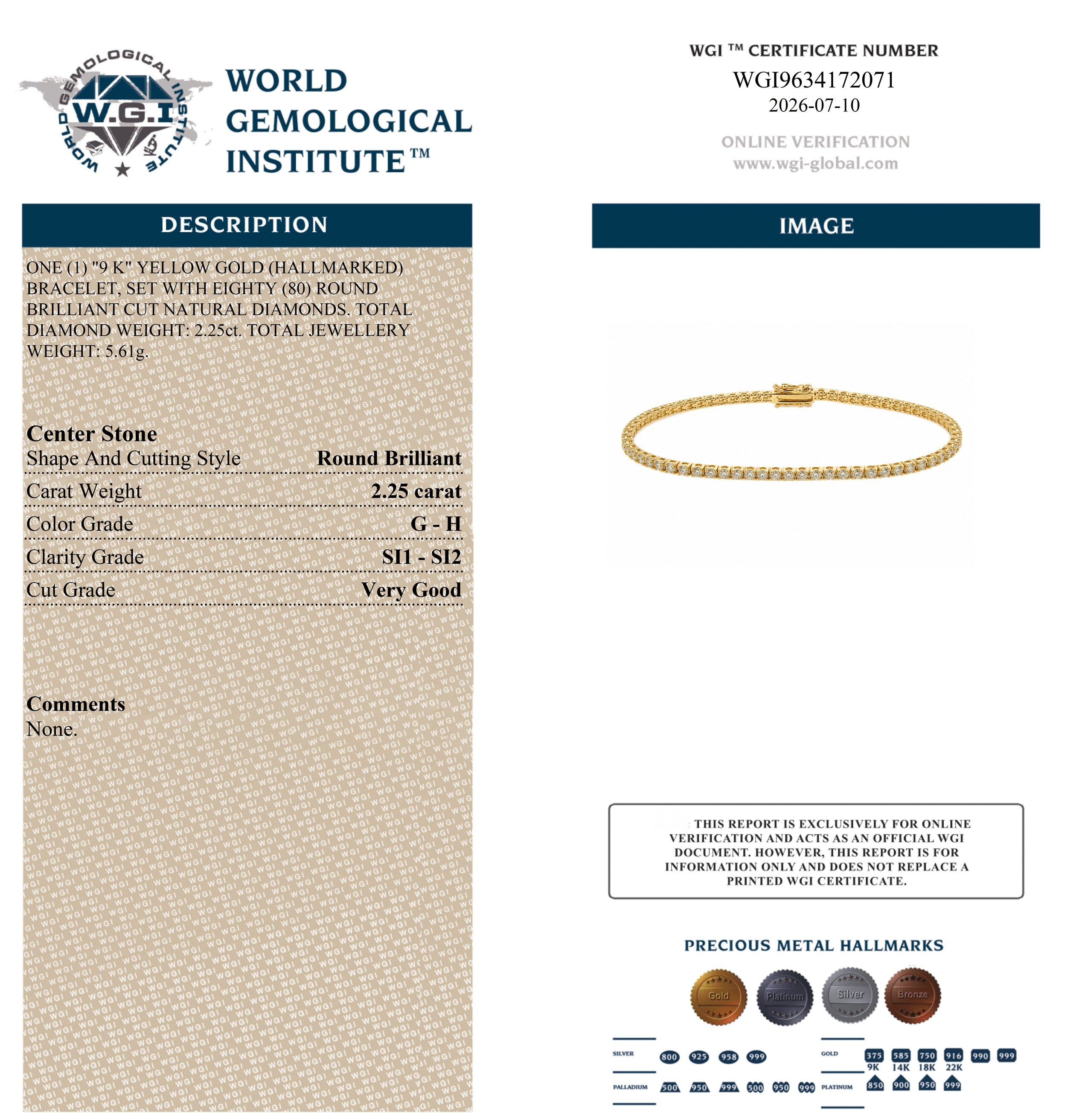 WGI 2.25Ct Natural Round Diamond Tennis Bracelet 9k Yellow Gold Ready To Ship