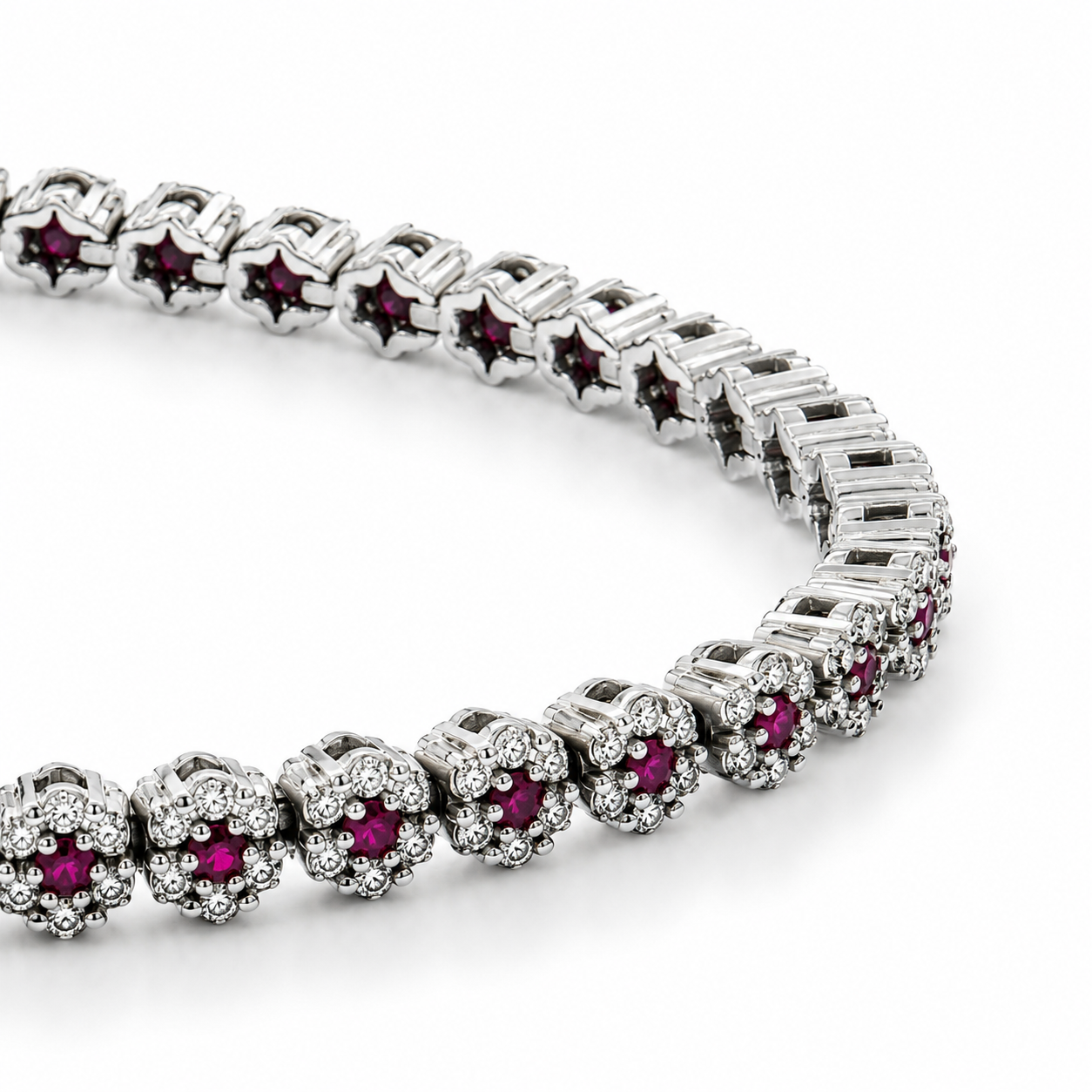 WGI 1.49ct Natural Ruby & Diamond Cluster Bracelet, 9K White Gold Ready To Ship