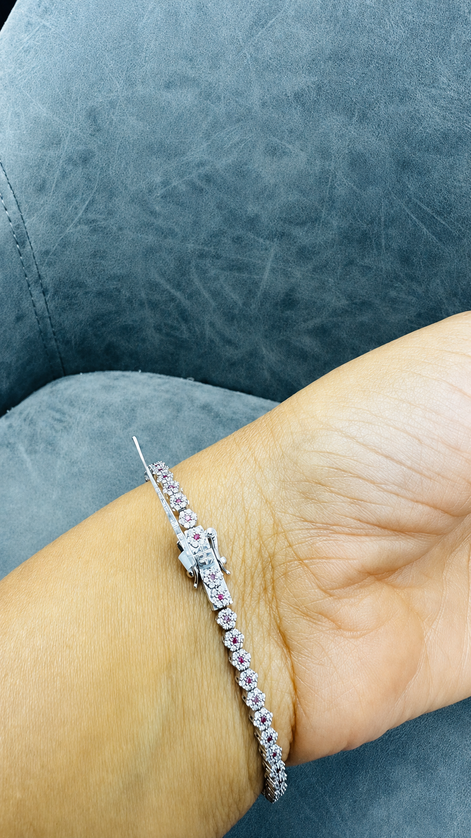 WGI 1.49ct Natural Ruby & Diamond Cluster Bracelet, 9K White Gold Ready To Ship