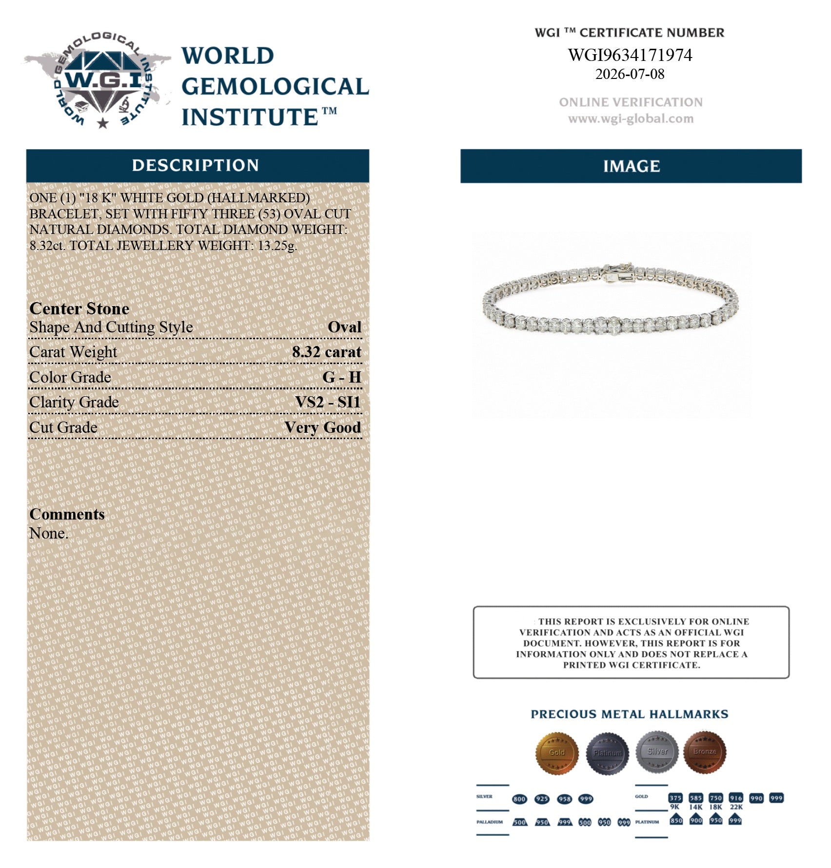 WGI 8.32Ct Natural Oval Diamond Tennis Bracelet 18k White Gold Ready To Ship