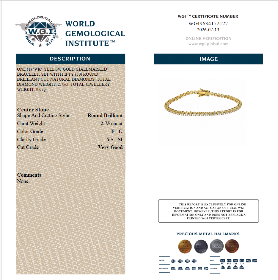 WGI 2.75Ct Natural Diamond Tennis Bracelet, 9K Yellow Gold Ready To Ship