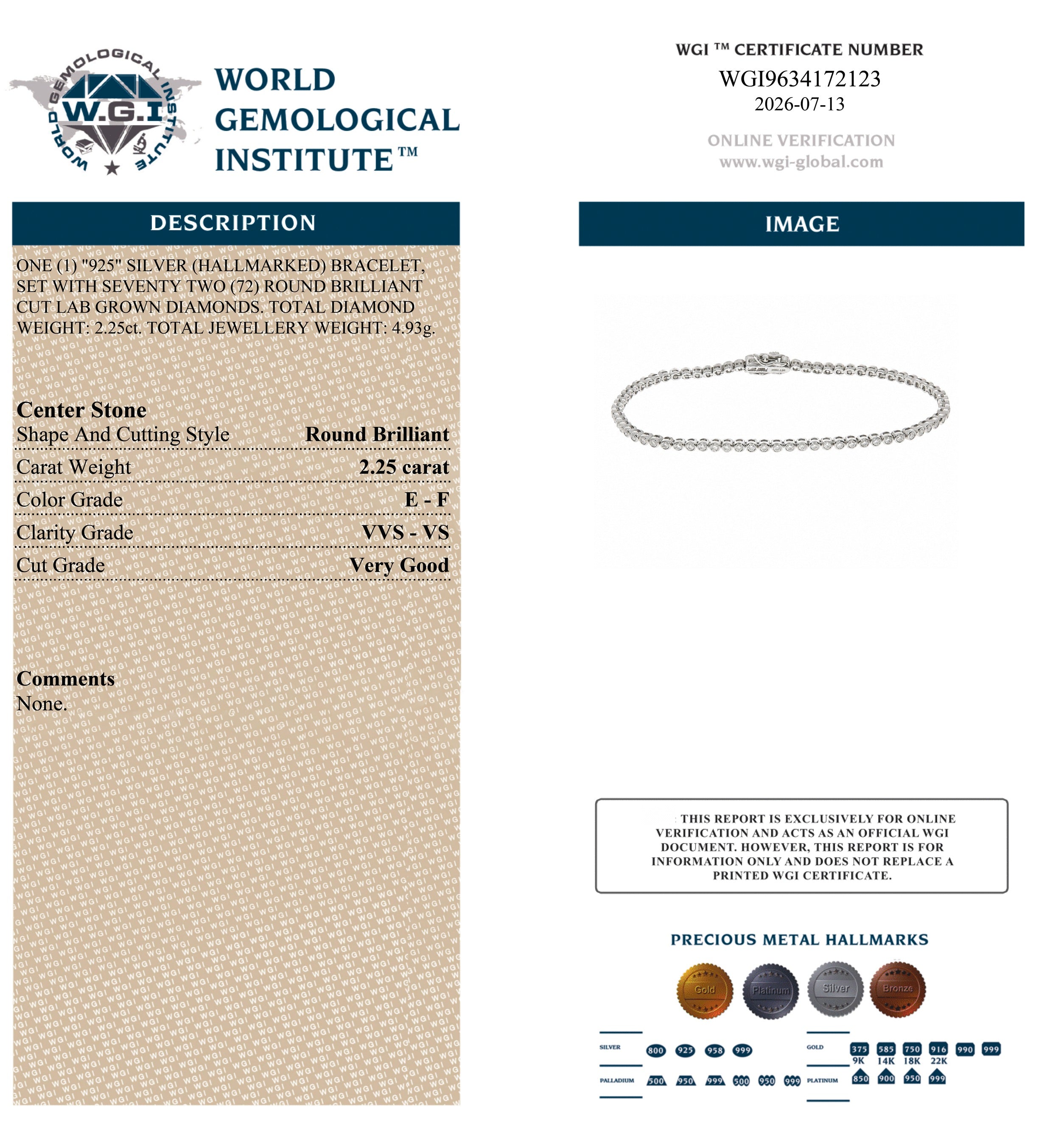 WGI 2.25Ct Lab Grown Round Diamond Tennis Bracelet 925 Sterling Silver Ready To Ship