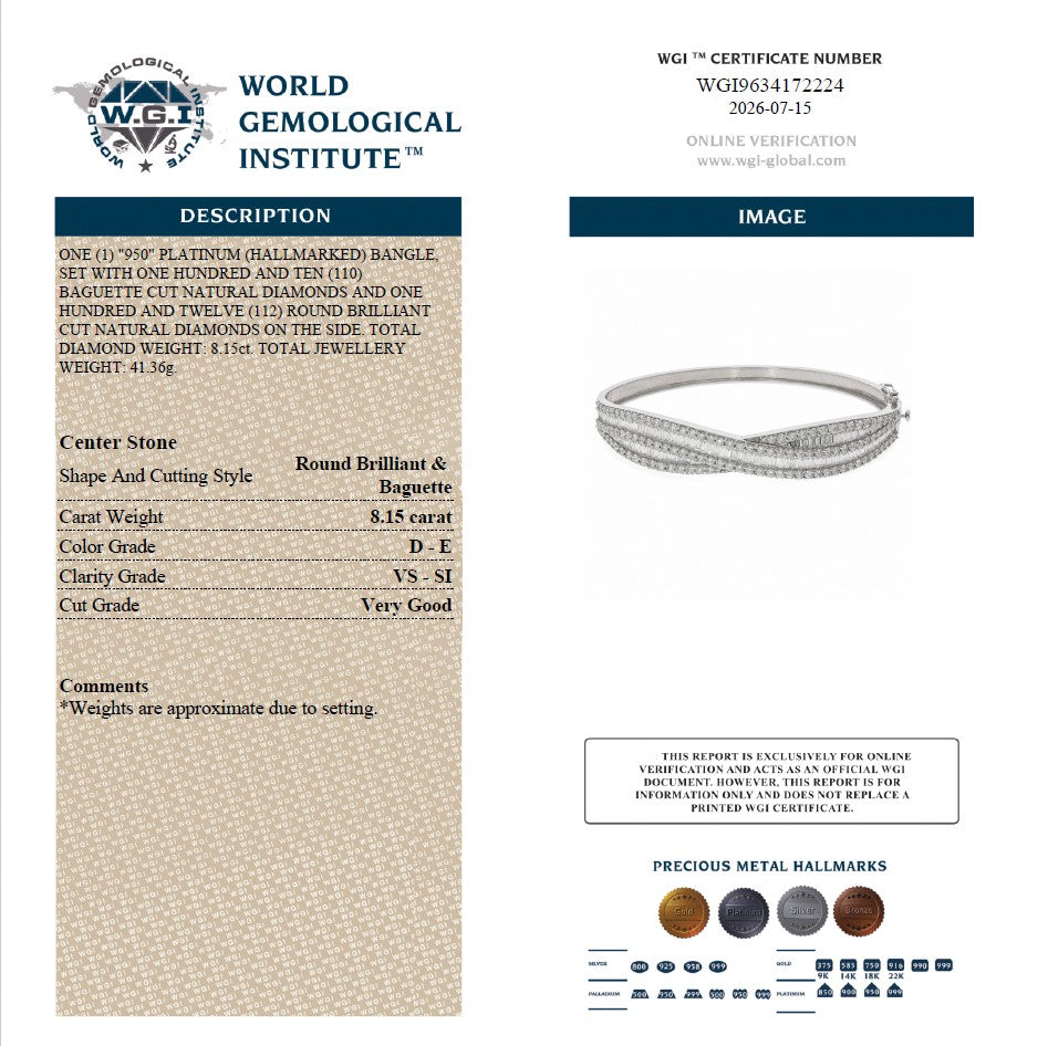 WGI DE/VS-SI 8.15Ct Natural Round & Baguette Diamond Bangle Platinum Ready To Ship