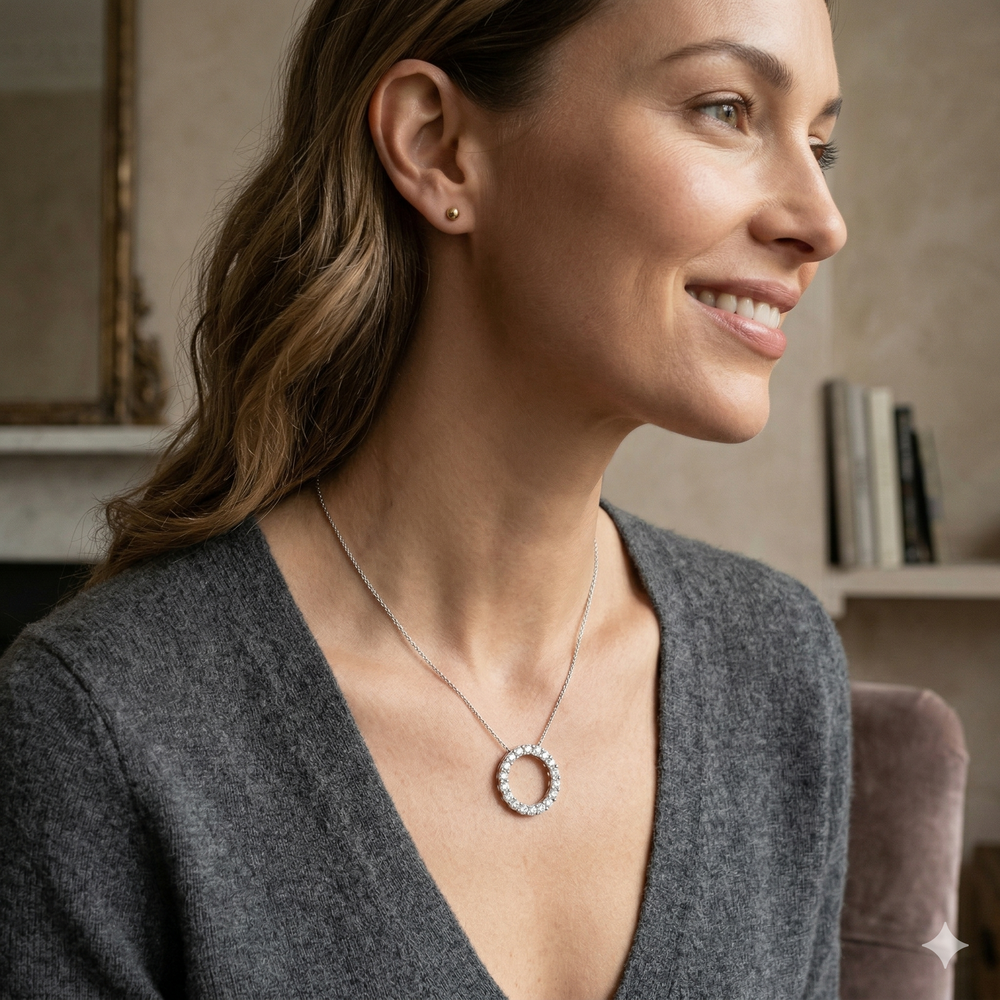 Woman wearing a necklace with a circular pendant in a cozy indoor setting