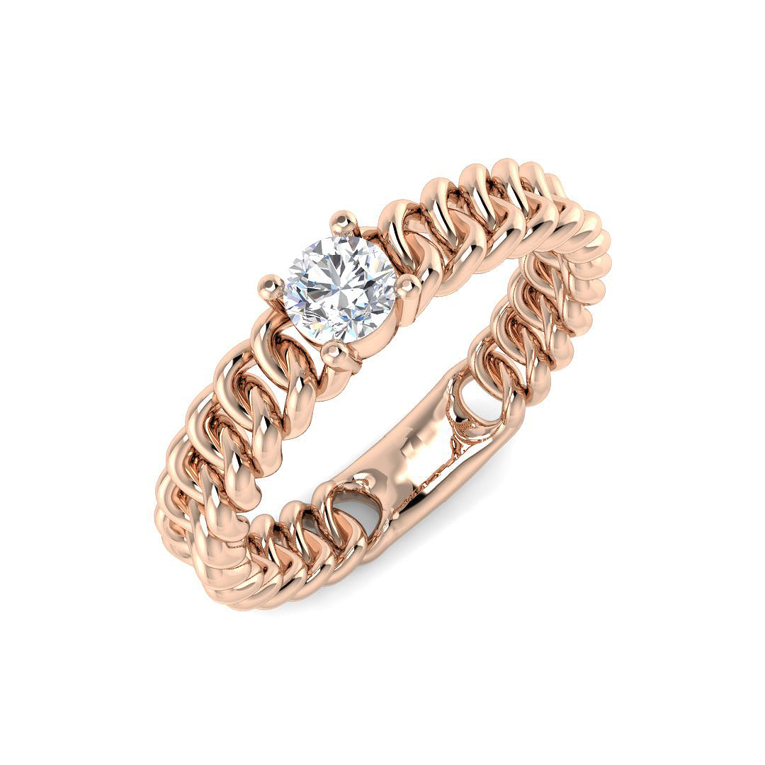 Rose gold chain-style ring with a diamond on a white background