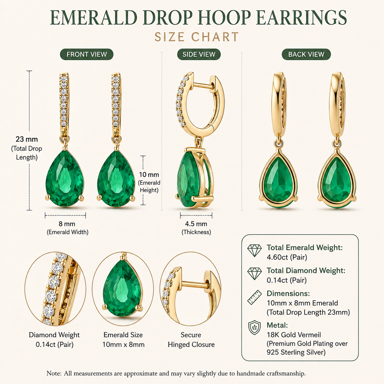4.60ct Lab Grown Emerald and Diamond Teardrop Drop Earrings in 18K Gold Vermeil