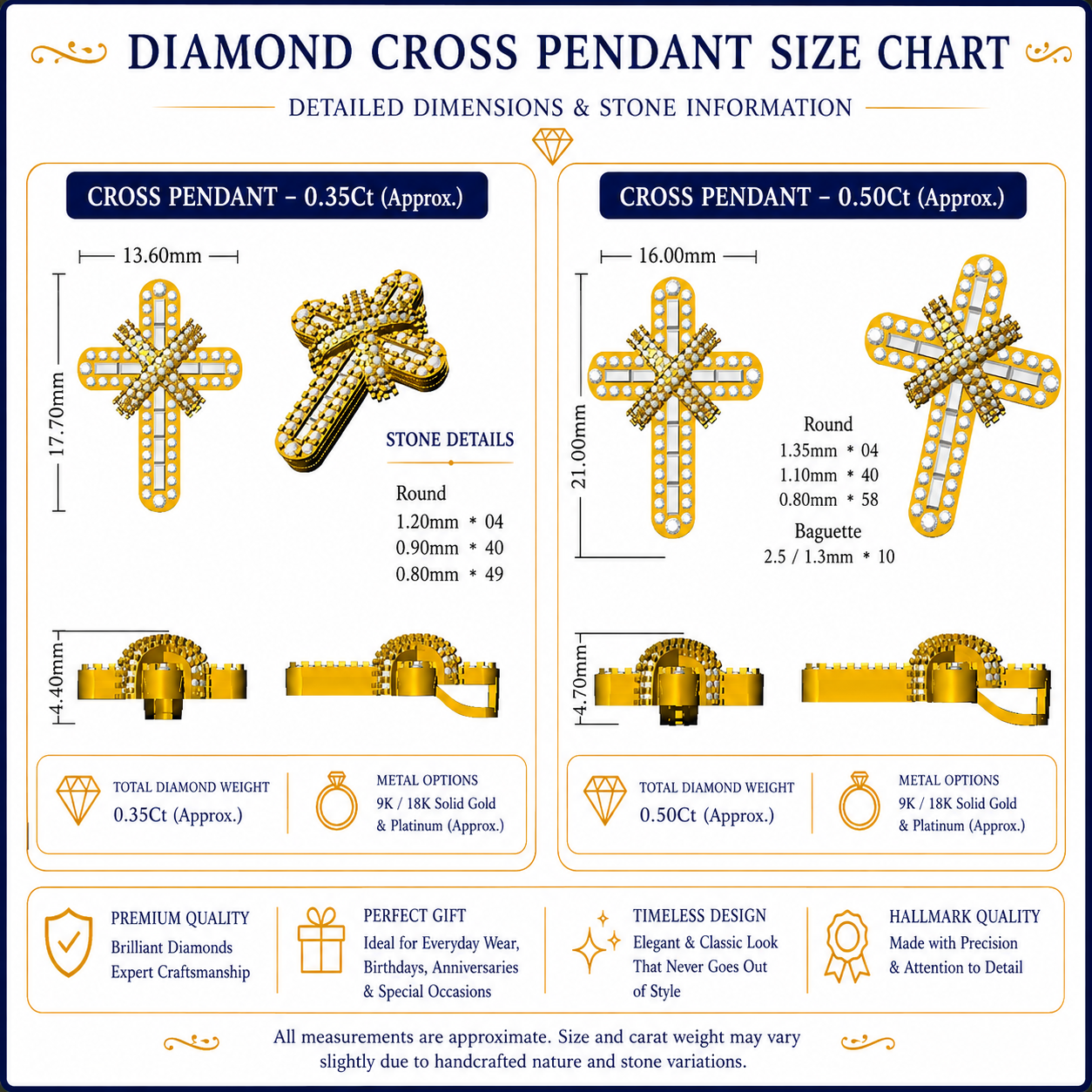 Baguette & Round Diamond Cross Pendant | 0.35 Ct & 0.50 Ct | 9K/18K Gold or Platinum