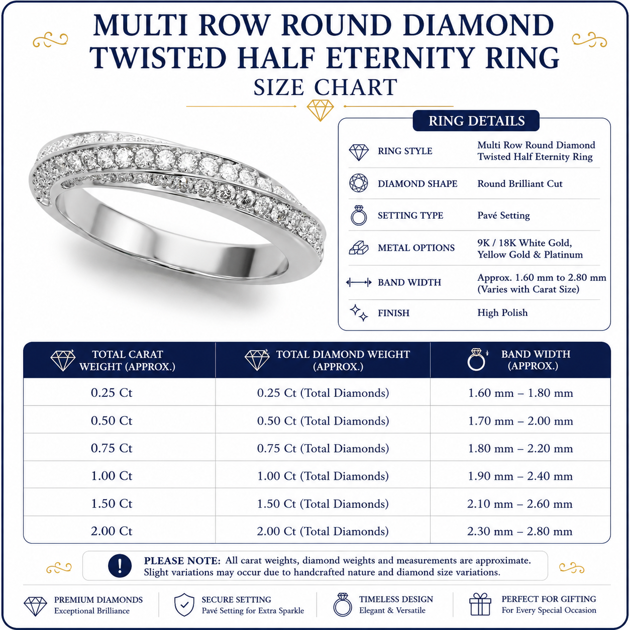 Multirow Pave Twisted Shank Half Eternity Ring in Gold & Platinum