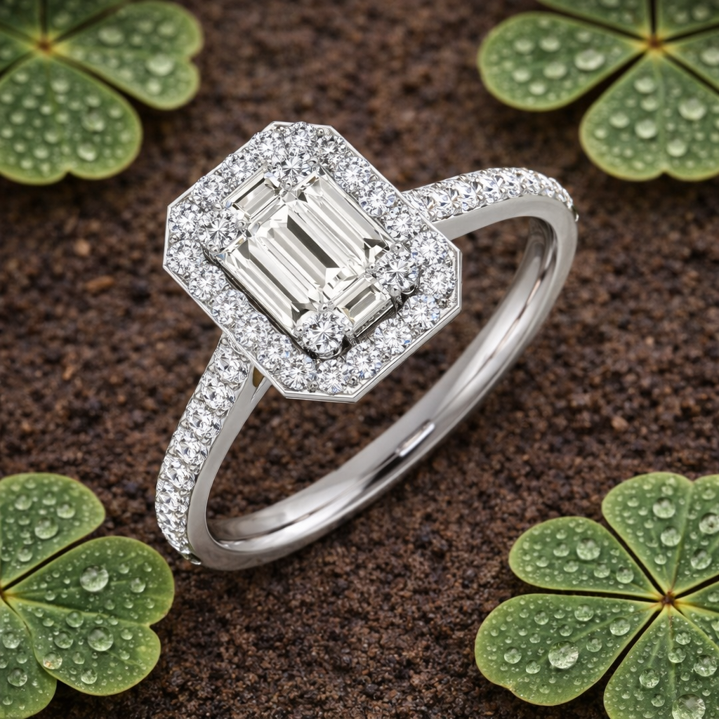 Baguette & Round Cut Diamond Halo Engagement Ring in Gold & Platinum