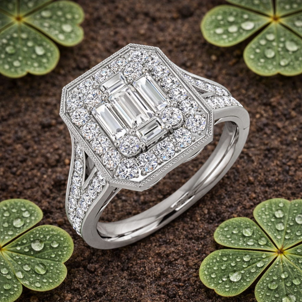 Baguette & Round Diamond Halo Style Ring with Milgrain Detail| 0.75ct - 1.25ct