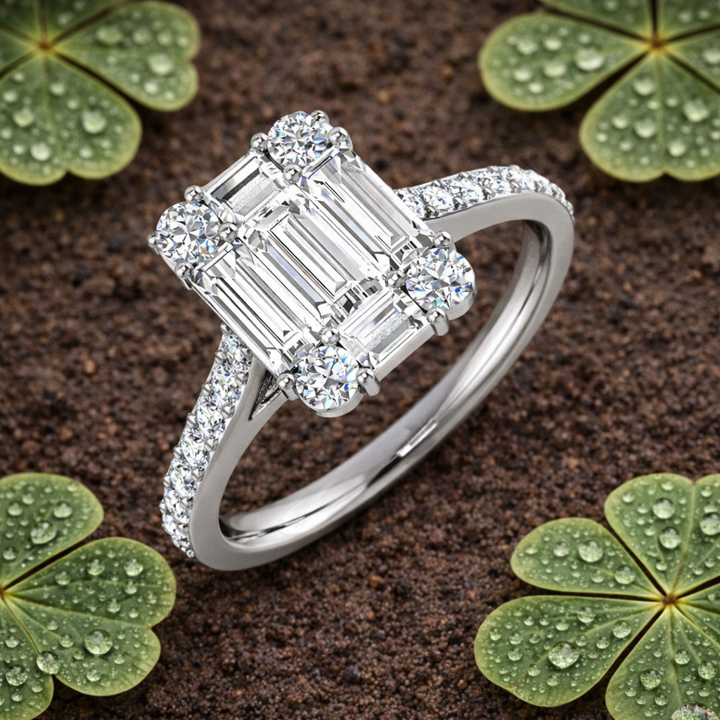 Baguette & Round Cut Diamond Cluster Engagement Ring | 0.5ct - 1.75ct