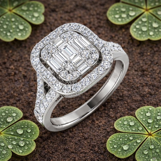 1.00 Ct Baguette & Round Diamond Double Halo Style Engagement Ring