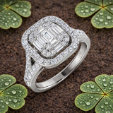 1.00 Ct Baguette & Round Diamond Double Halo Style Engagement Ring