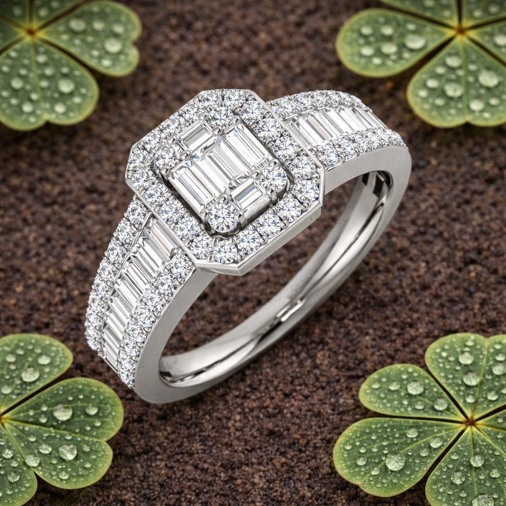 Baguette & Round Diamond Halo Style  Multi-Stone Engagement Ring | 0.5ct - 1.75ct