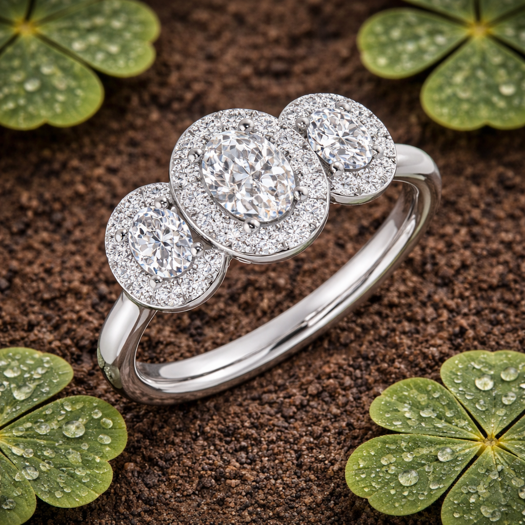 Three Stone Oval Halo Diamond Ring | Elegant Design| 0.33ct - 1.25ct