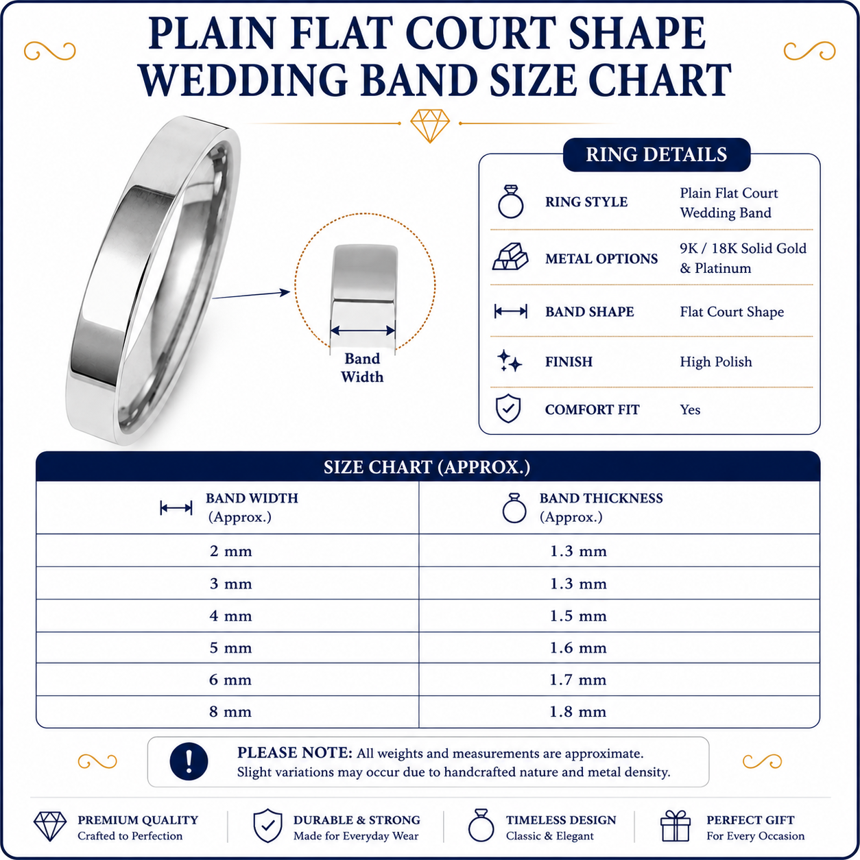 Flat Court Shape Plain Wedding Band for Women | UK Hallmarked Gold & Platinum Ring