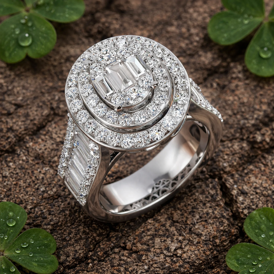 Diamond Halo Ring | 2.5ct | Baguette & Round Cut | Lab & Natural Diamonds