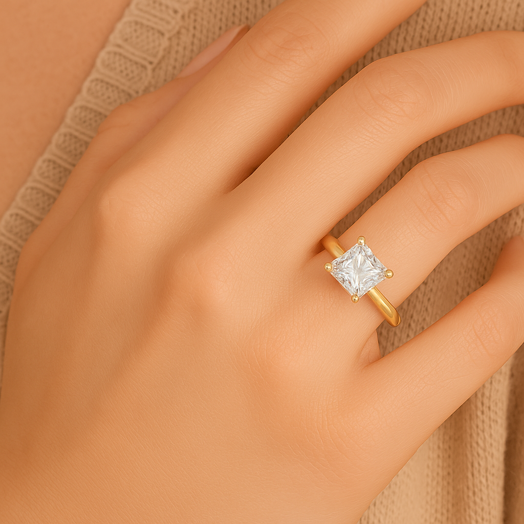 IGI Lab-Grown Princess Cut D-VVS Diamond Four Prong Solitaire Engagement Ring.