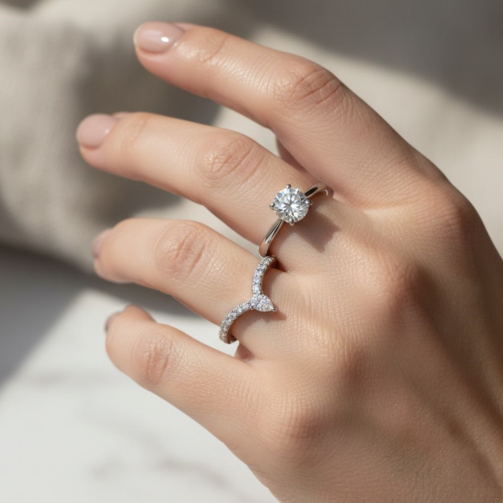 Chevron wedding band with pear-shaped centre stone