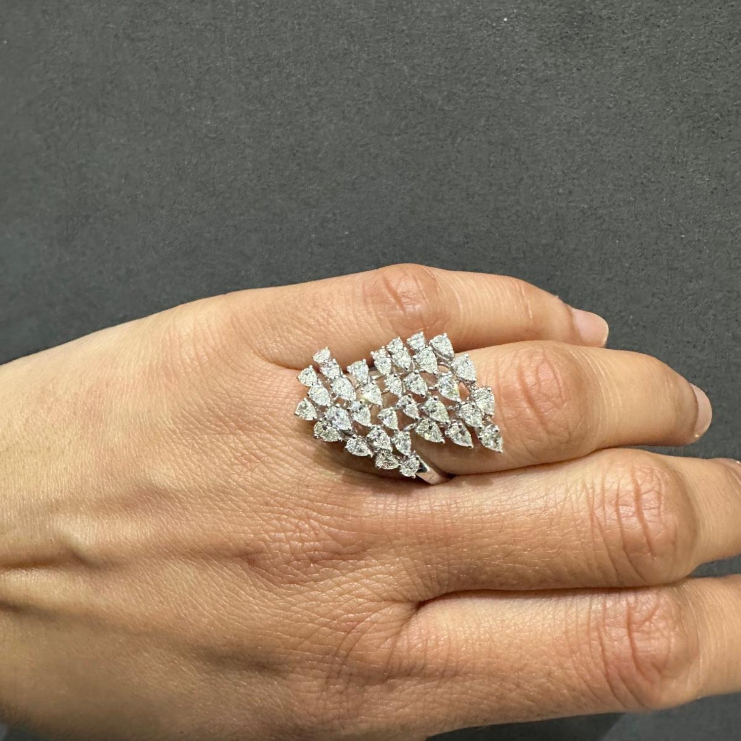 Designer Ring Cocktail Ring 14K White Gold Cluster Ring Natural Diamond Teardrop Diamond Party Wear Ring