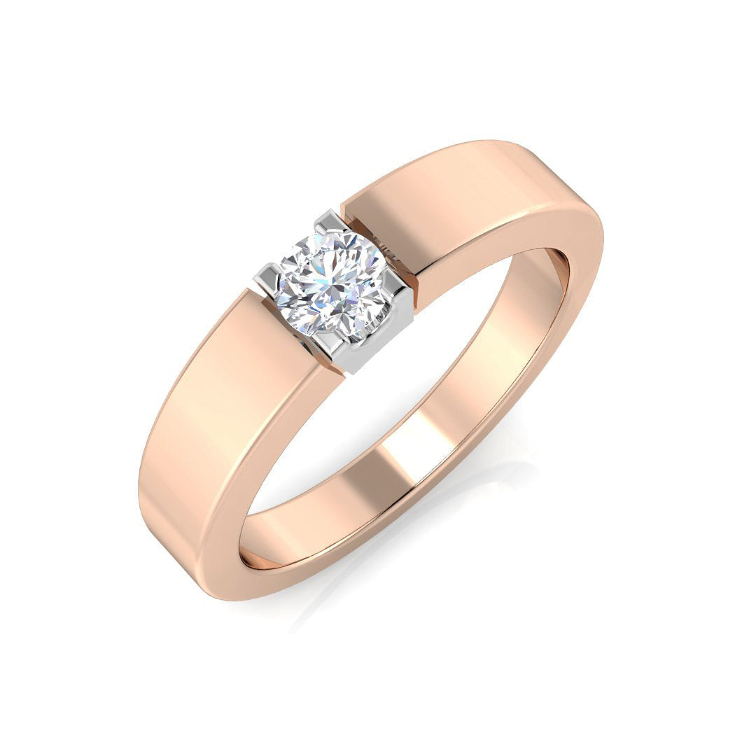 Modern bar-set round diamond solitaire ring in rose gold