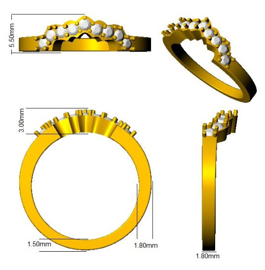 Gold ring with white stones and measurements on a white background