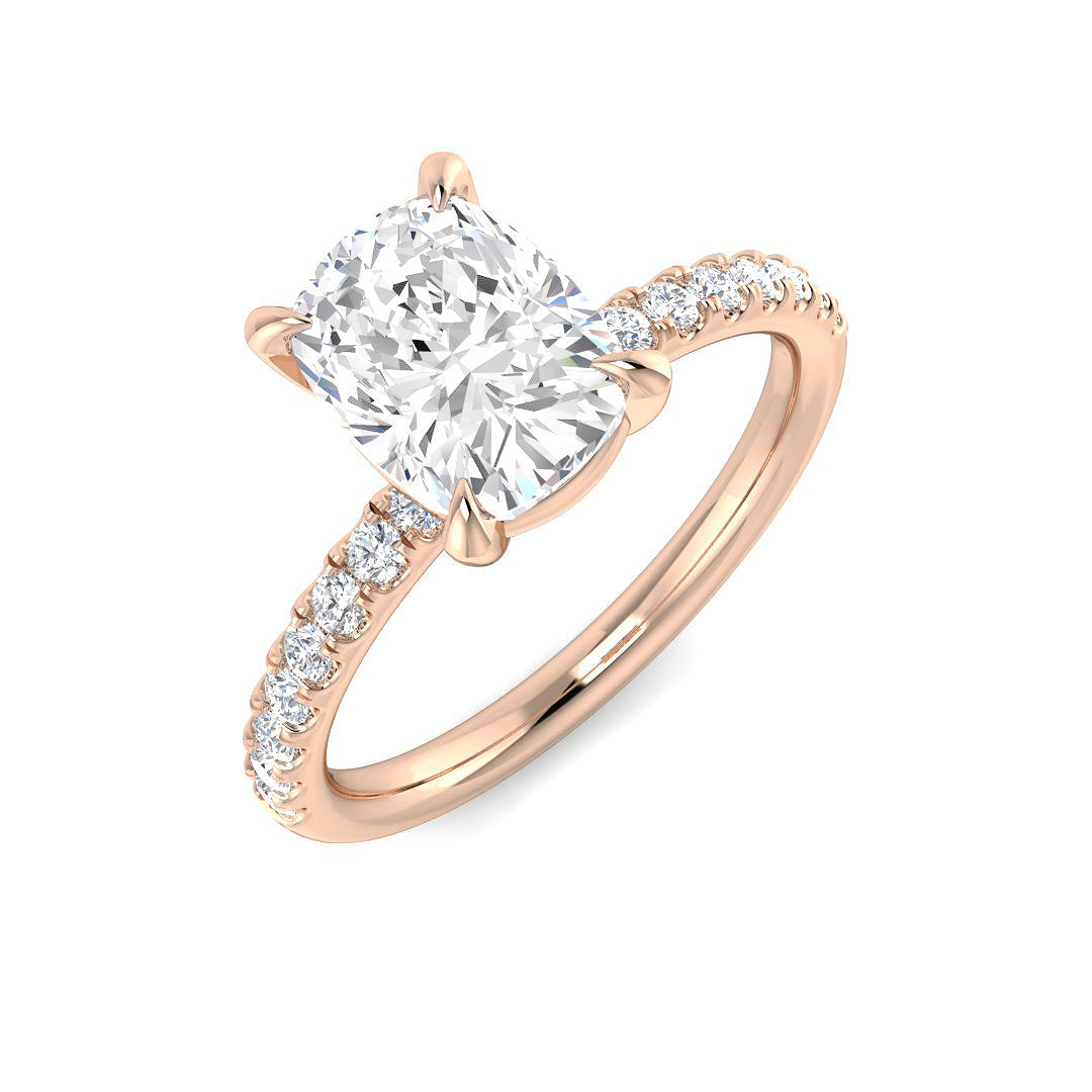Cushion Cut Diamond Pavé Solitaire Engagement Ring in Rose Gold