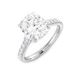 Cushion cut natural or lab grown diamond pavé solitaire engagement ring in white gold